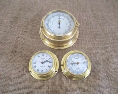 The Magnificent Brass Trio !!! Two Brass Weather Barometers And One Battery Operated Clock