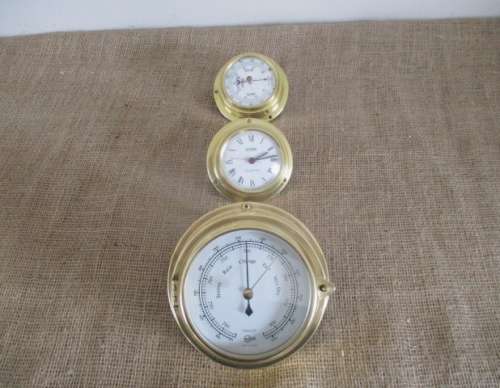 The Magnificent Brass Trio !!! Two Brass Weather Barometers And One Battery Operated Clock