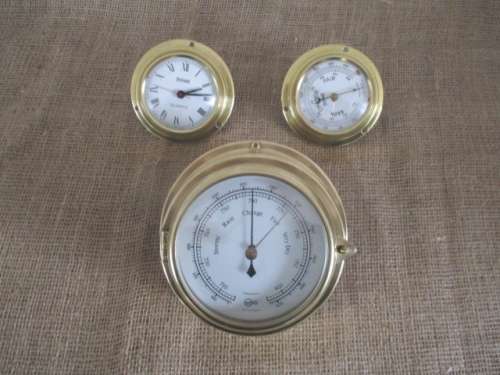 The Magnificent Brass Trio !!! Two Brass Weather Barometers And One Battery Operated Clock