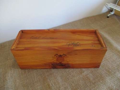 An Old Edel Laatoes Wooden Wine Box With Sliding Lid     Signed By The Keldermeester 8/8/1988