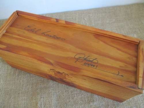 An Old Edel Laatoes Wooden Wine Box With Sliding Lid     Signed By The Keldermeester 8/8/1988