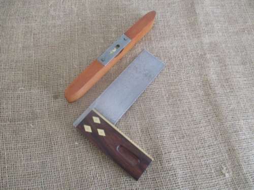 An Antique/Vintage Marples Wooden Carpenter's Square With Brass Inlays & Boat Designed Spirit Level