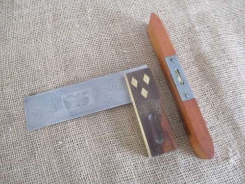 An Antique/Vintage Marples Wooden Carpenter's Square With Brass Inlays & Boat Designed Spirit Level