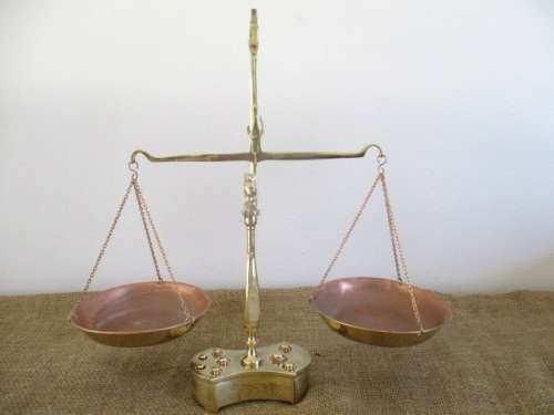 An Appealing Vintage Brass And Copper Balance Scale With Full Set Of Weights