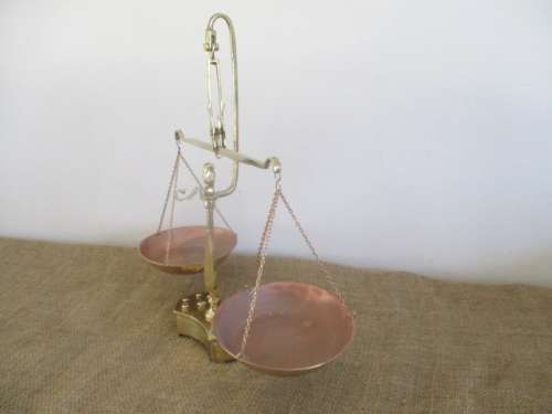 An Appealing Vintage Brass And Copper Balance Scale With Full Set Of Weights