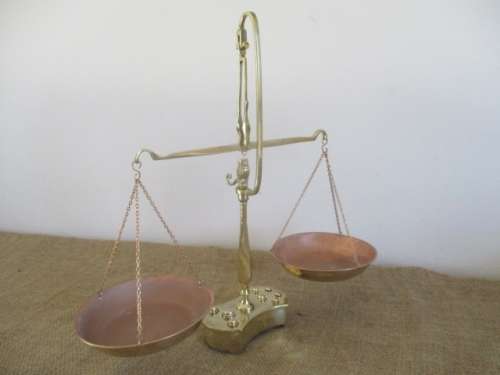 An Appealing Vintage Brass And Copper Balance Scale With Full Set Of Weights