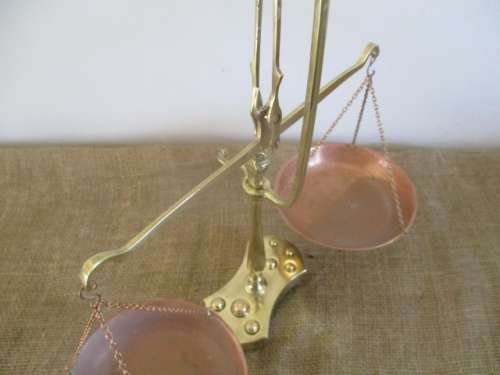 An Appealing Vintage Brass And Copper Balance Scale With Full Set Of Weights