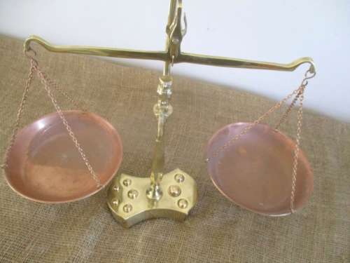 An Appealing Vintage Brass And Copper Balance Scale With Full Set Of Weights