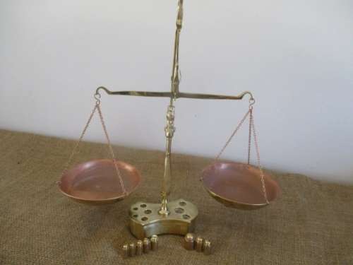 An Appealing Vintage Brass And Copper Balance Scale With Full Set Of Weights