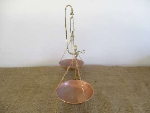 An Appealing Vintage Brass And Copper Balance Scale With Full Set Of Weights
