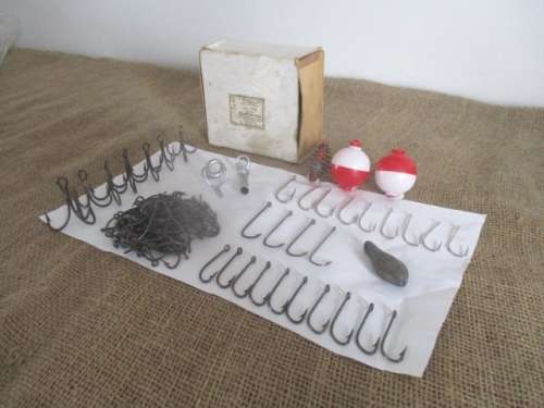 A Lot Fishing Tackle Stuff In Mustad & Son Carton Holder