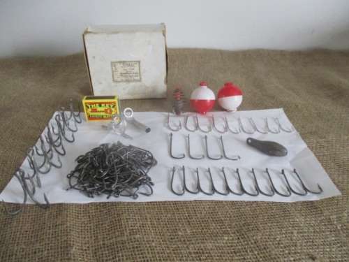 A Lot Fishing Tackle Stuff In Mustad & Son Carton Holder