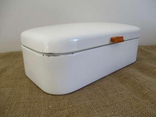 A Beautiful Vintage Enamel Bread Bin With Brass Hinges And With Breather Holes