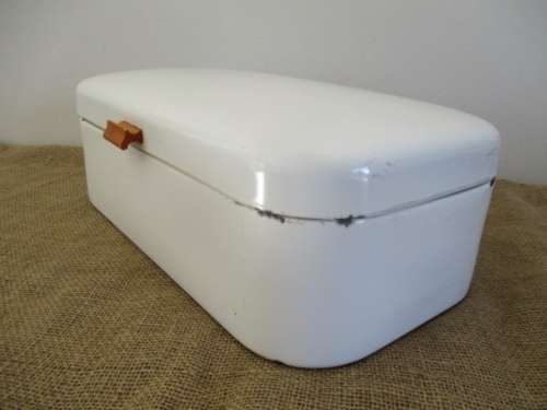 A Beautiful Vintage Enamel Bread Bin With Brass Hinges And With Breather Holes