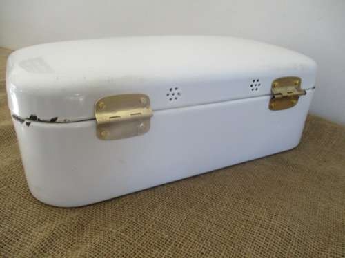 A Beautiful Vintage Enamel Bread Bin With Brass Hinges And With Breather Holes
