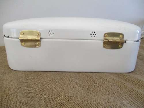 A Beautiful Vintage Enamel Bread Bin With Brass Hinges And With Breather Holes
