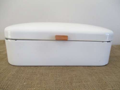 A Beautiful Vintage Enamel Bread Bin With Brass Hinges And With Breather Holes