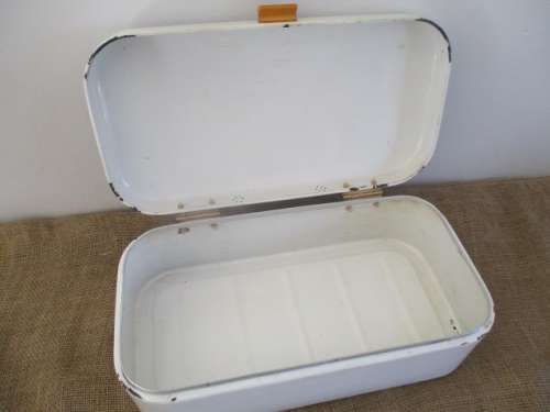 A Beautiful Vintage Enamel Bread Bin With Brass Hinges And With Breather Holes