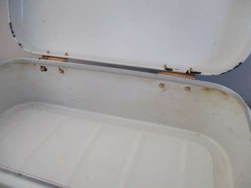 A Beautiful Vintage Enamel Bread Bin With Brass Hinges And With Breather Holes