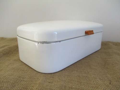 A Beautiful Vintage Enamel Bread Bin With Brass Hinges And With Breather Holes