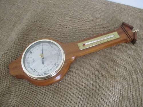 Beautiful Vintage Shortlands Brass & Wood Wall Weather Barometer With Thermometer