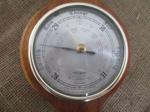 Beautiful Vintage Shortlands Brass & Wood Wall Weather Barometer With Thermometer