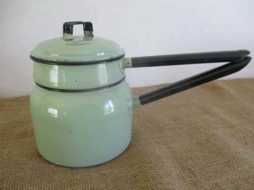 Lovely Vintage Old Fashioned Enamel Double Boiler In Rare Green Colour