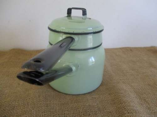 Lovely Vintage Old Fashioned Enamel Double Boiler In Rare Green Colour
