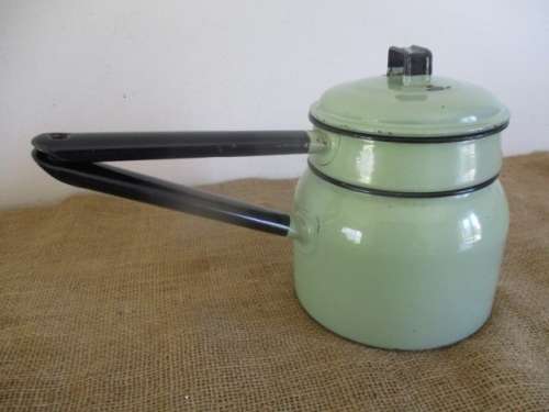Lovely Vintage Old Fashioned Enamel Double Boiler In Rare Green Colour
