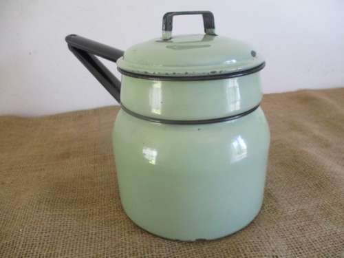 Lovely Vintage Old Fashioned Enamel Double Boiler In Rare Green Colour