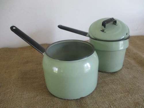 Lovely Vintage Old Fashioned Enamel Double Boiler In Rare Green Colour