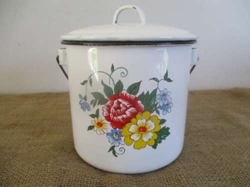 Beautiful Vintage Old Fashioned Enamel Lidded Canister With Lovely Floral Decorations