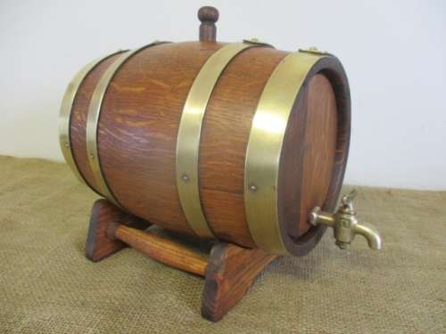 Smaller Size Of The Real McCoy.......Cute Vintage Oak Wine Barrel With Brass Tap And Brass Straps