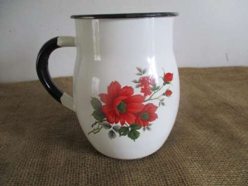 Beautiful Vintage Old Fashioned Enamel Jug With Lovely Floral Decorations