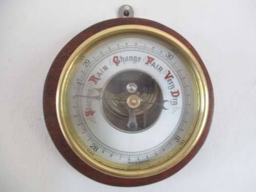 Beautiful Vintage German Made Brass & Wood Wall Hanging Weather Barometer