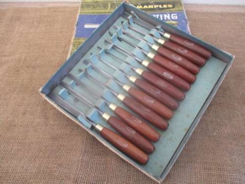 Incredible Vintage Set Of Twelve Marples Catalogue No 60 Wood Carving Knifes In Original Container