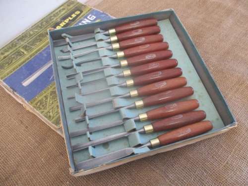 Incredible Vintage Set Of Twelve Marples Catalogue No 60 Wood Carving Knifes In Original Container