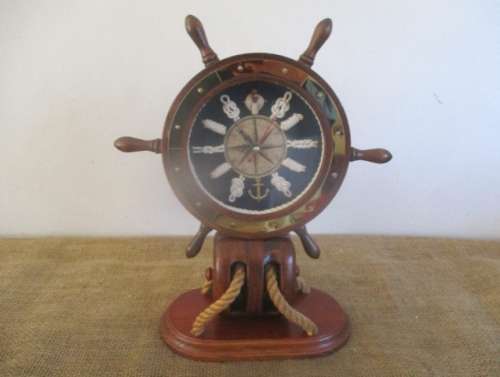 Vintage Nautical Marine Ships Steering Wheel With Maritime Clock And Knots