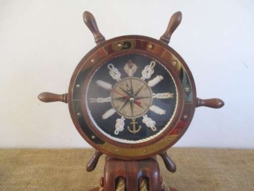 Vintage Nautical Marine Ships Steering Wheel With Maritime Clock And Knots