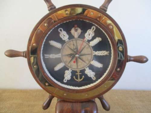 Vintage Nautical Marine Ships Steering Wheel With Maritime Clock And Knots
