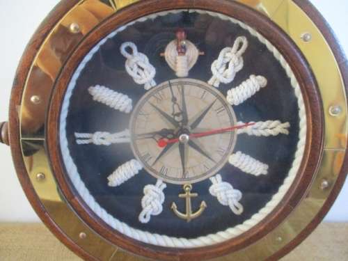 Vintage Nautical Marine Ships Steering Wheel With Maritime Clock And Knots