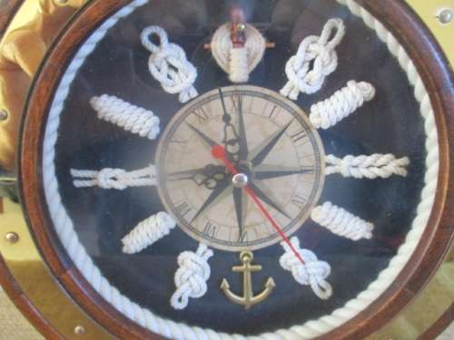 Vintage Nautical Marine Ships Steering Wheel With Maritime Clock And Knots