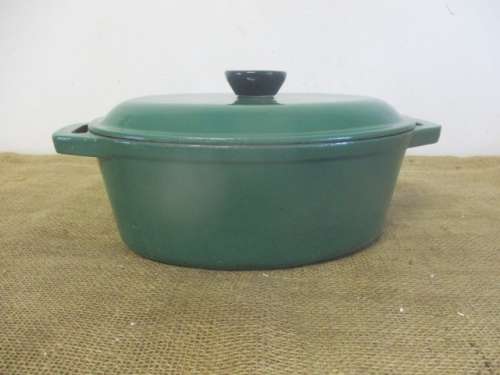 Beautiful Large Green Enamel Cast Iron Oval Casserole