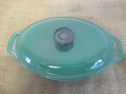 Beautiful Large Green Enamel Cast Iron Oval Casserole