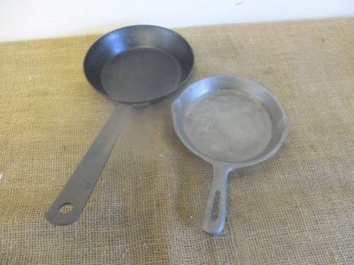 For The Campers.... Taiwan 160 mm Cast Iron Skillet And Rare Hendlers 180mm Steel Skillet