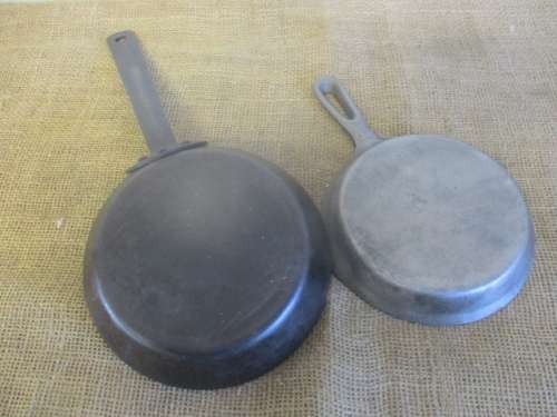 For The Campers.... Taiwan 160 mm Cast Iron Skillet And Rare Hendlers 180mm Steel Skillet