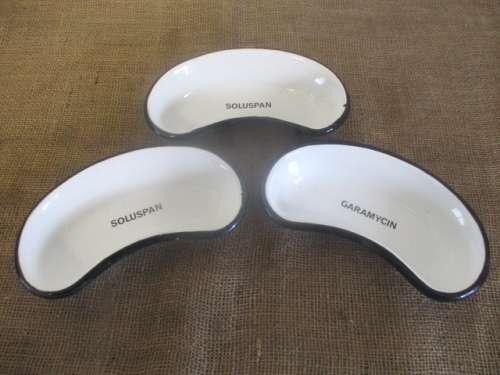 The Three Most Beautiful Old Fashioned Enamel Kidney Shaped Medical Bowls
