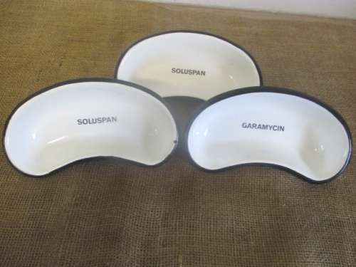 The Three Most Beautiful Old Fashioned Enamel Kidney Shaped Medical Bowls