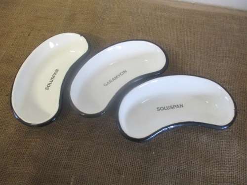 The Three Most Beautiful Old Fashioned Enamel Kidney Shaped Medical Bowls