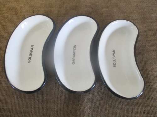 The Three Most Beautiful Old Fashioned Enamel Kidney Shaped Medical Bowls